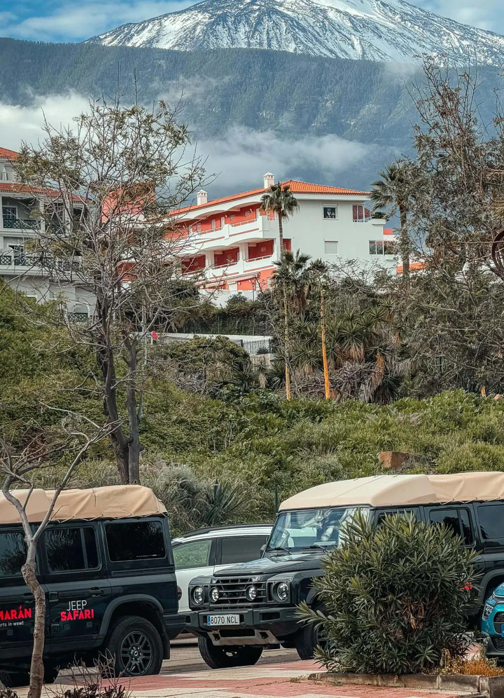 Jeeps de la marca Tamarán con el Teide nevado al fondo, en Puerto de la Cruz